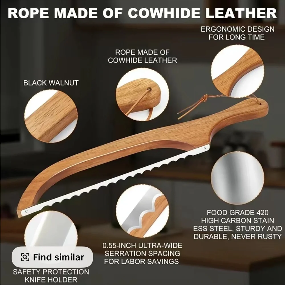 15.7 In Wooden Sourdough Bread Knife- Ergonomic Design for bread. New